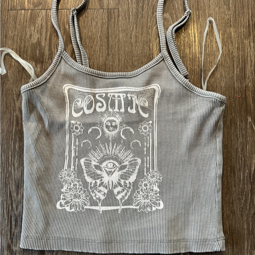Full Tilt Grey Ribbed Graphic Cami with Mystic White Print